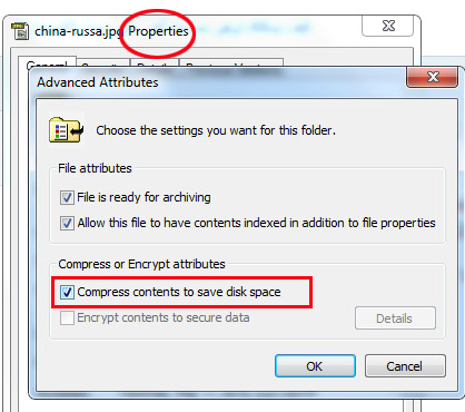 من قائمة الخصائص يمكنك أن تضغط حجم الملفات