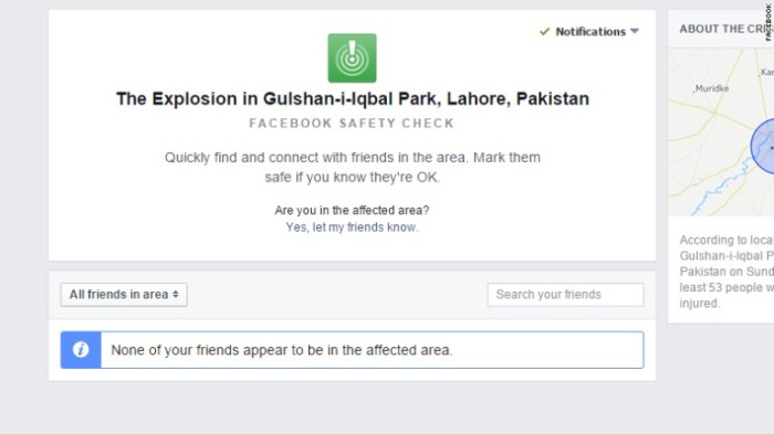 ظهرت الرسالة من فيسبوك للمستخدمين في جميع انحاء العالم علي أنهم متواجدون في محيط تفجير لاهور الباكستانية