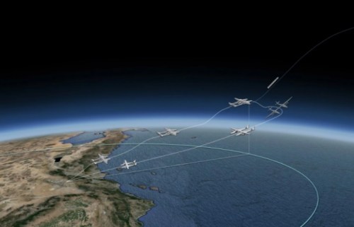 صورة توضح مراحل وضع الطائرة لصاروخ يحمل أقمار صناعية في الفضاء