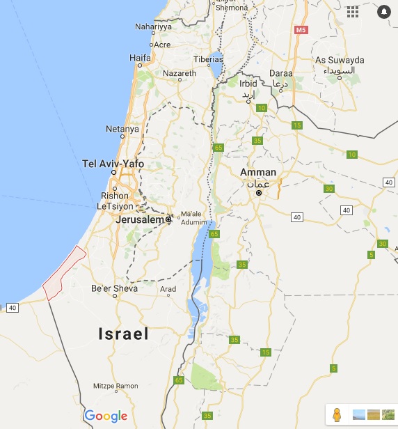 صورة لخريطة جوجل وبها خط متقطع للضفة الغربية ولكن لا يوجد بها كلمة الضفة وذلك كما يظهر يوم 13 أغسطس 2016