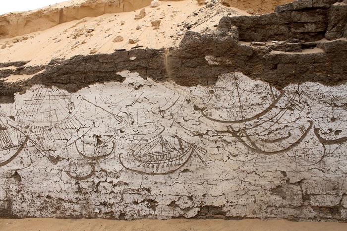 صورة للرحلة الجمائزية علي مركب وقد رسمت علي جدار طيني 
