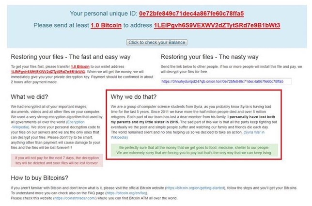 رسالة القراصنة التي تطالب بدفع الفدية وتشرح للضحية كيفية شراء عملية البتكوين