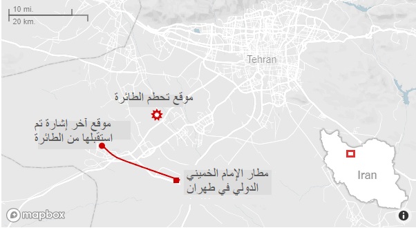 خريطة توضح مكان إقلاع الطائرة الأوكرانية من مطار الأمام الخميني الدولي ومكان تحطمها