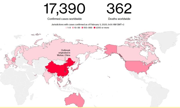 خريطة توضح انتشار فيروس كورونا عالميا يوم 3 فبراير 2020