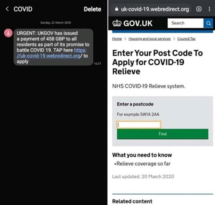 مثال لأحد الرسائل الاحتيالية التي تدعي أن الحكومة البريطانية قررت منح 458 جنيه استرليني لكل المقيمين في بريطانيا لمكافحة فيروس كورونا وتطلب من المرسل اليه أن يضغط علي الرابط للحصول علي المبلغ