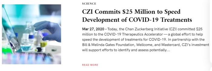 المؤسسة الخيرية لـ مارك زوكربيرج وزوجته أعلنت عن التبرع بمبلغ 20 مليون دولار للمساعدة في تطوير علاج لفيروس كورونا