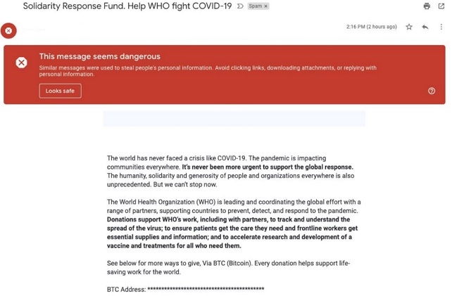 إحدى رسائل البريد الإلكتروني التي انتحلت صفة منظمة الصحة العالمية