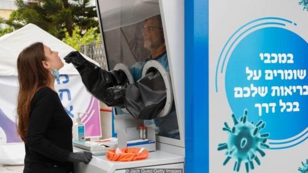 في إسرائيل تتيح أكشاك الفحص المخبري للكشف عن فيروس كورونا المستجد للفرق الطبية جمع عينات من الأفراد