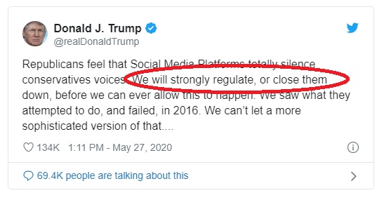 ترامب يهدد بتنظيم قاسي أو إغلاق لشركات مواقع التواصل الإجتماعي إذا استمرت في تحديه