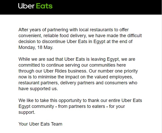 رسالة أوبر إيتس بمغادرة السوق المصرية