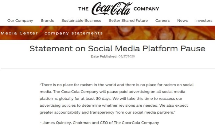أعلنت شركة كوكاكولا وقف إعلاناتها علي شبكة فيسبوك بسبب عدم بذل جهد مقنع لوقف خطاب الكراهية