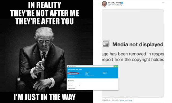 الي اليسار تغريدة ترامب متضمنة الصورة التي تسببت في المشكلة، والي اليمين صورة التغريدة بعد أن قامت شركة تويتر بمنع الصورة يوم الأربعاء 1 يوليو