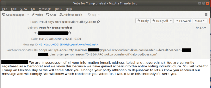 نموذج من الرسائل الإلكترونية التهديدية التي وصلت الي مؤيدي الحزب الديموقراطي الأمريكي