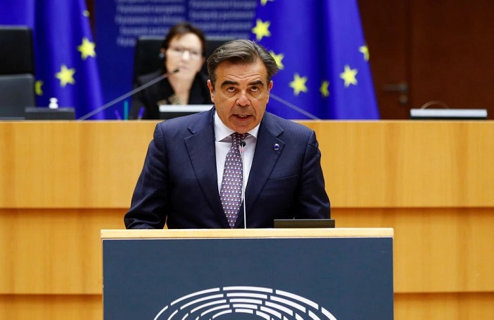 نائب رئيس مفوضية الاتحاد الأوروبي مارجريتيس شيناس يخاطب البرلمان الأوروبي في بروكسل ، بلجيكا ، 19 مايو 2021