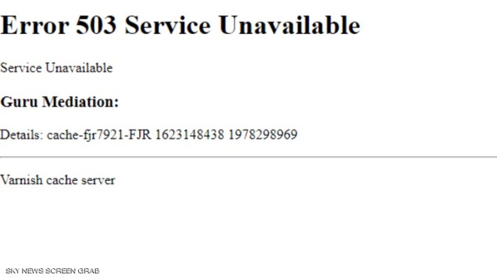 الرسالة التي ظهرت علي المواقع التي توقفت عن العمل يوم الثلاثاء 8 يونيو 2021