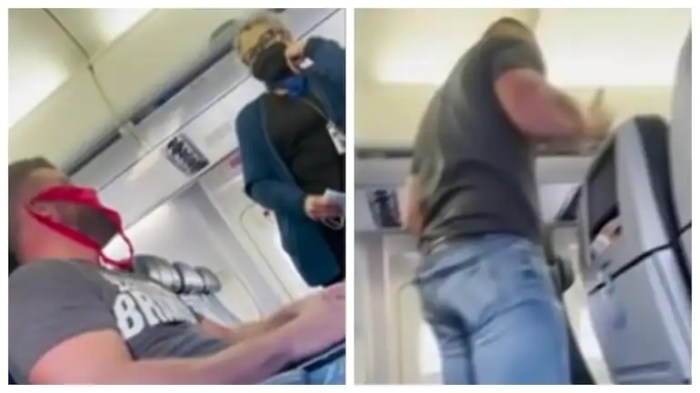 في مقطع فيديو انتشر على الإنترنت، طُلب من أمريكي مغادرة رحلة بعد أن رفض خلع الملابس الداخلية الحمراء التي كان يرتديها بدلاً من كمامة الوجه