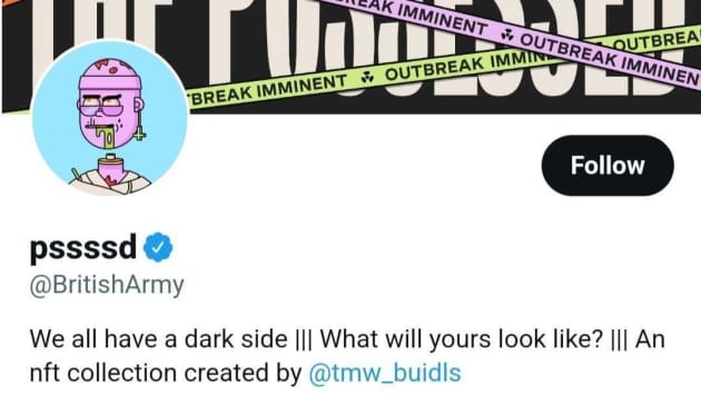 لقطة شاشة للملف الشخصي للجيش البريطاني على تويتر عندما تم اختراقه، تم تغيير صور ملف التعريف (بروفيل) واللافتات الخاصة به Banner pictures لتشبه مجموعة الرموز غير القابلة للتلف المسماة "The Possessed".