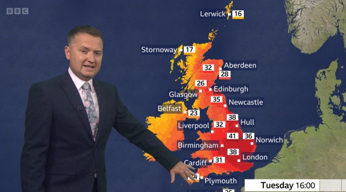 درجات الحرارة المتوقعة في بريطانيا يوم الثلاثاء 19 يوليو والتي قد تصل الي 41 درجة مئوية