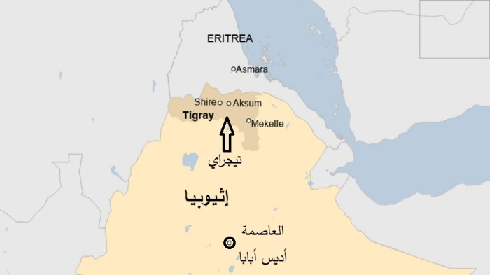 خريطة لدولة إثيوبيا تظهر مناطق الصراع في تيجراي