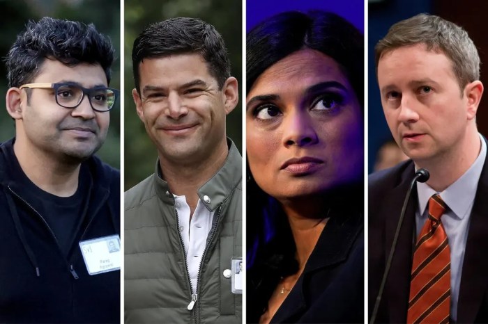 المديرين الذين تم فصلهم من شركة تويتر (من اليسار) باراج أجراوال، نيد سيجال، فيجايا جادي وشون إدجيت