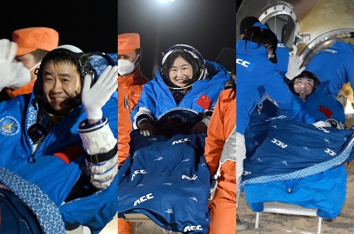 أعضاء طاقم شنتشو 14 "تشن دونج" و "ليو يانج" و "كاي زوزهي" بعد هبوطهم من محطة تيانجونج الفضائية، يوم الأحد ، 4 ديسمبر 2022، بعد قضاء 182 يومًا في الفضاء