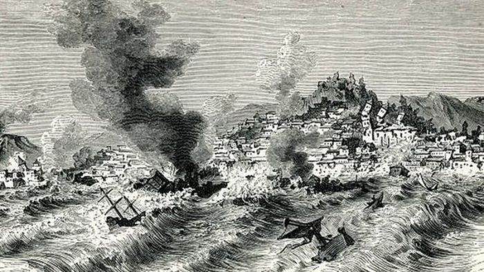 رسم يوضح آثار الزلزال الذي ضرب البرتغال في عام 1755