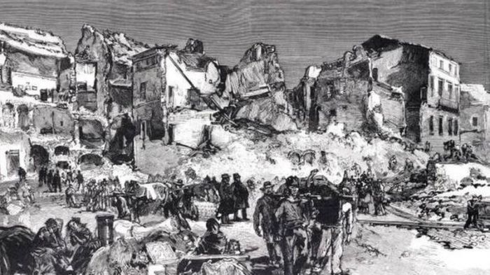 رسم لآثار زلزال في إيطاليا في القرن التاسع عشر