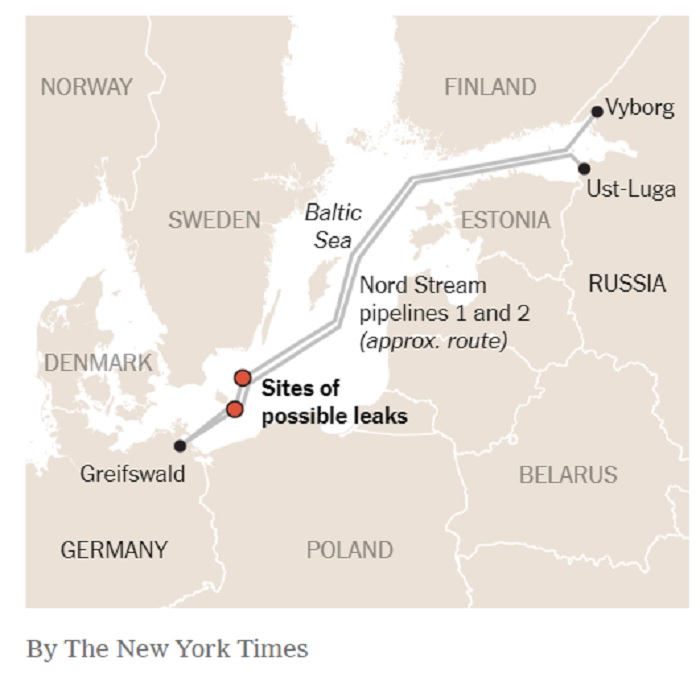 الدوائر الحمراء تشير الي الأماكن التي يحتمل أن يكون تفجير خط الغاز نورد ستريم قد تم بهما