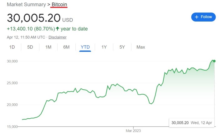 التطور في سعر بتكوين منذ بداية العام حتي 12 أبريل 2023