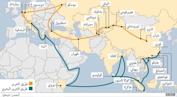 خارطة توضح طريق الحرير الجديد بشقيه البري والبحري، والدول التي يعبر منها