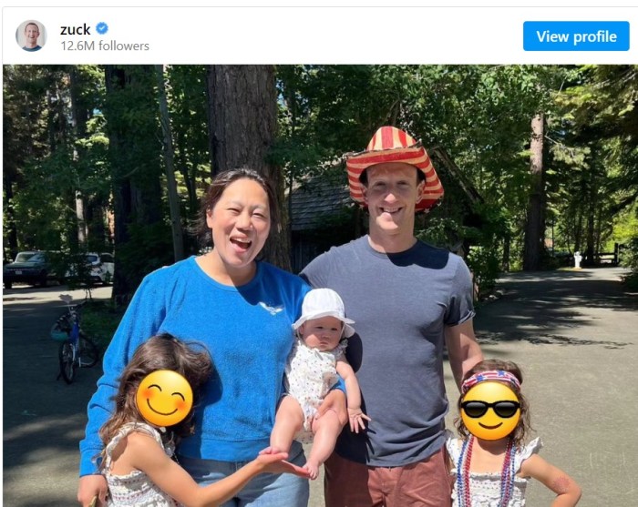 مارك زوكربيرج مؤسس ورئيس شركة ميتا يخفي صور أطفاله عندما نشر صورة للأسرة علي منصة إنستاجرام