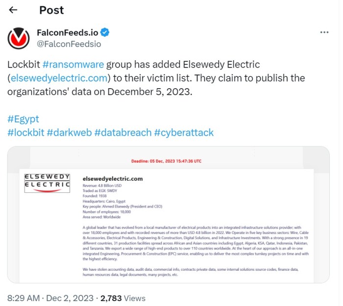 تغريدة من شركة فالكوم فيدز عن الهجوم الإلكتروني الذي تعرضت له شركة السويدي إلكتريك يوم 2 ديسمبر 2023