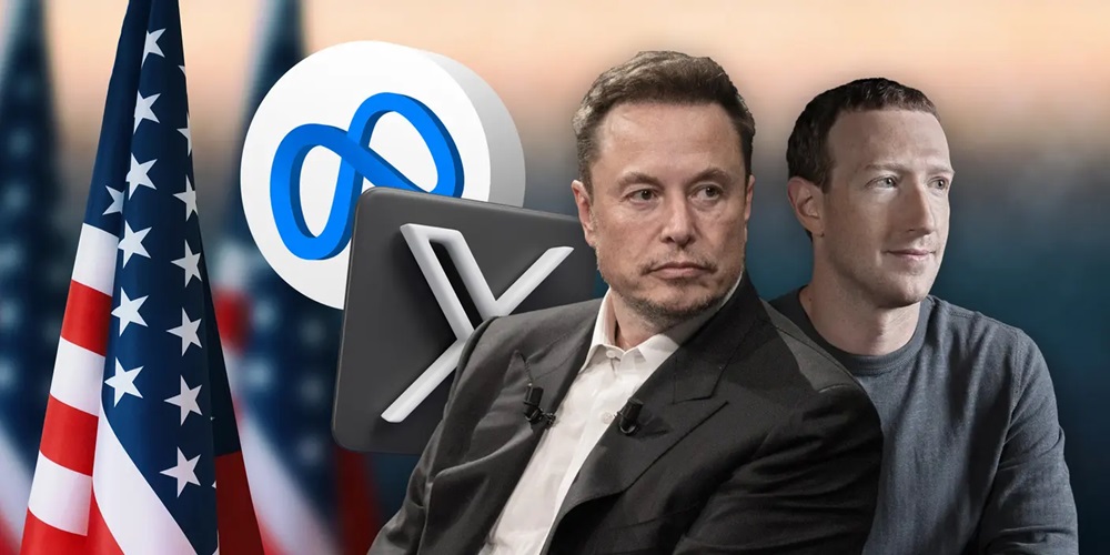 شركتي التواصل الاجتماعي اكس و ميتا وصورة رئيسي الشركتين إيلون ماسك و مارك زوكربيرج بجانب العلم الأمريكي