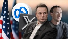 شركتي التواصل الاجتماعي اكس و ميتا وصورة رئيسي الشركتين إيلون ماسك و مارك زوكربيرج بجانب العلم الأمريكي
