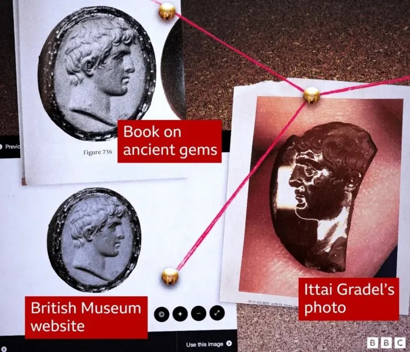 تطابق لصورة قطعة عليها وجه الإمبراطور الروماني أغسطس في كتاب قديم وموقع المتحف البريطاني وصورة خاصة لدى جراديل