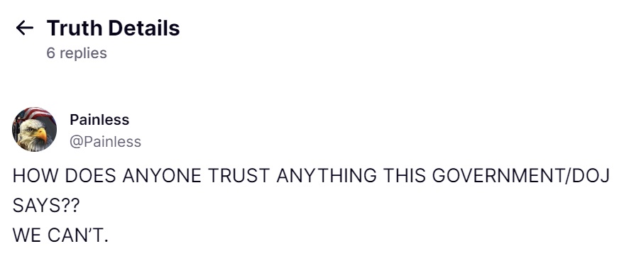 احد مستخدمي منصة تروث سوشيال يقول كيف لنا أن نثق في الحكومة الحالية