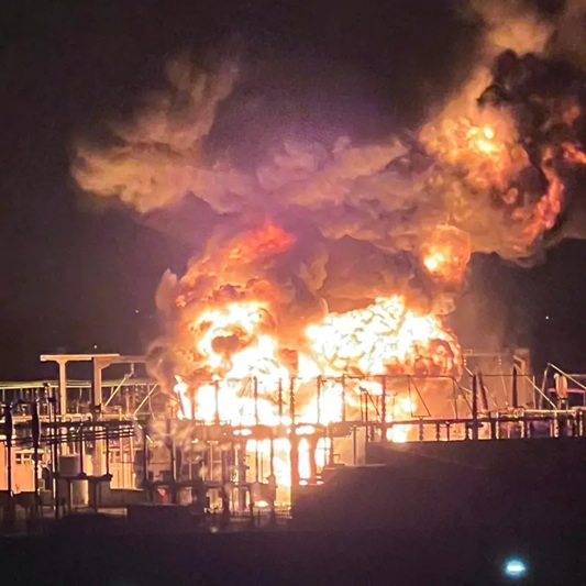 صورة الحريق الذي نشب في محطة كهرباء فرعية مزوّدة للمطار