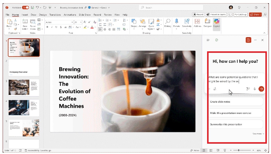 دردشة الذكاء الاصطناعي كوبايلت (المستطيل الأحمر) داخل تطبيق "باوربوينت PowerPoint"