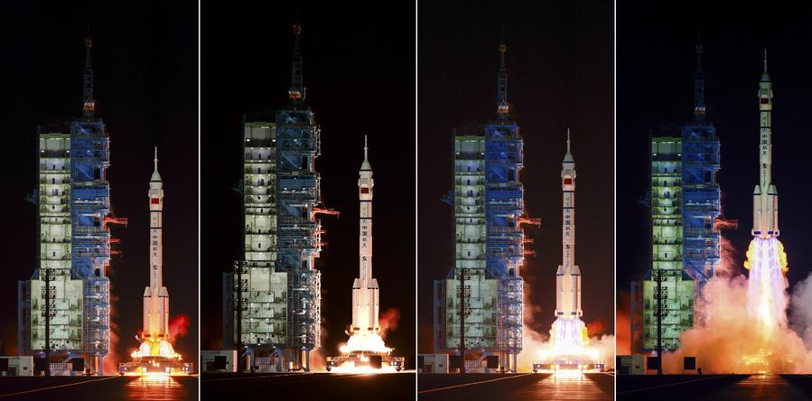 تُظهر هذه الصورة المركبة المركبة الفضائية المأهولة شنتشو-21، فوق صاروخ حامل لونج مارش-2F، وهي تنطلق من مركز إطلاق الأقمار الصناعية جيوتشوان في شمال غرب الصين، في 31 أكتوبر 