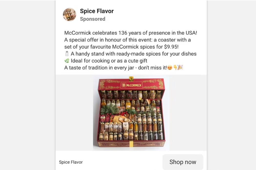 تظهر هذه اللقطة إعلان مزيف قامت ميتا بإزالتها من منصة فيسبوك بعد أن أبلغت عنها وكالة رويترز. أكدت شركة McCormick لصناعة التوابل أن الإعلان الذي يحمل اسمها مزيف