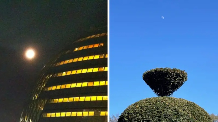 عندما تترك الهاتف على إعداداته التلقائية، غالباً ما يفتح الصورة كثيراً ويجعل القمرَ ليلاً شديدَ الإضاءة. التقاط الصورة في ضوء النهار يساعد، لكن القمر قد يبدو صغيراً جداً رغم ذلك