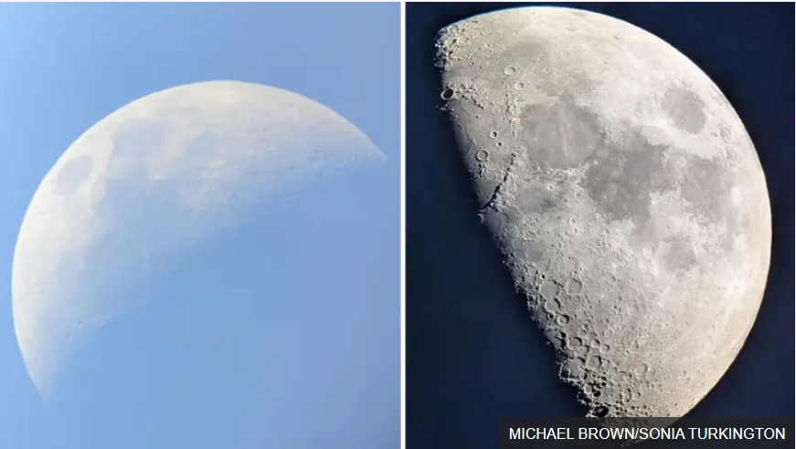 تلسكوب بسيط بقطر 60 ملم يمكنه أن يُظهر حُفراً على سطح القمر (يساراً)، بينما يكشف تلسكوب أكبر بقطر 25 سم تفاصيلَ أكثر بكثير (يميناً)