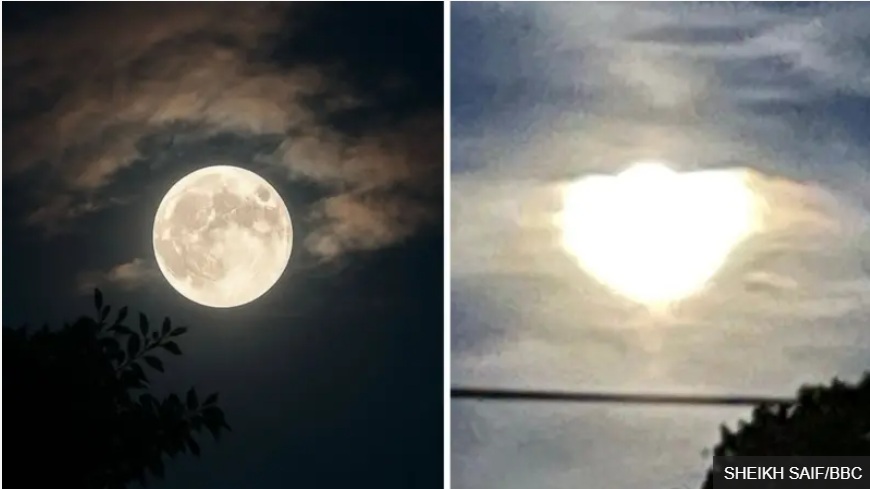 يساراً: قمرٌ واضح الملامح. يميناً: وهجٌ ضبابي بلا تفاصيل