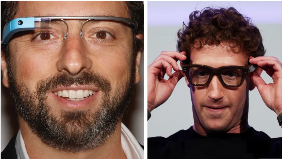 تم إطلاق نظارات جوجل، التي يرتديها هنا على اليسار سيرجي برين، أحد مؤسسي شركة جوجل في عام 2013، وفي الصورة اليُمنى، يرتدي مارك زوكربيرج، الرئيس التنفيذي لشركة ميتا، إحدى النظارات الذكية الجديدة